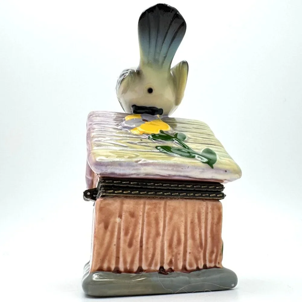 Bird Green Birdhouse Floral Trinket Box with a White Bird Figurine 2